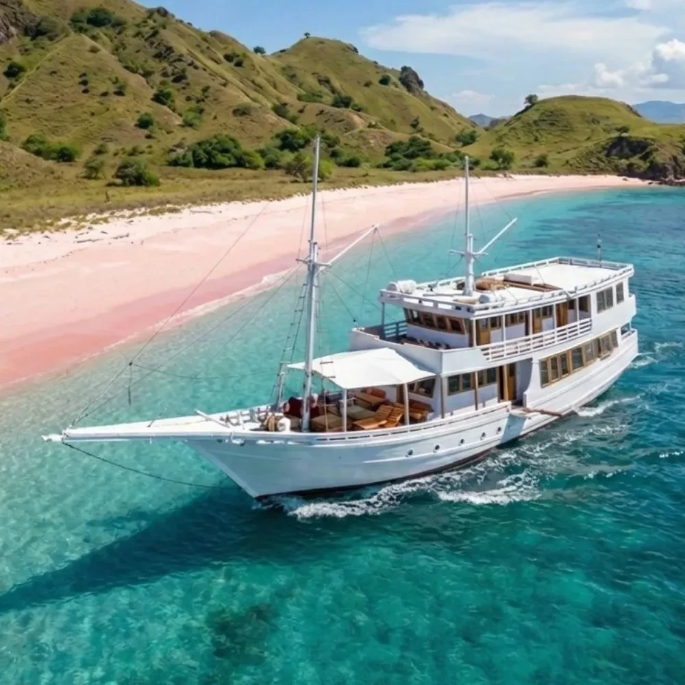 Aerial view of a wooden vessel off a long sand shoreline on the South Sulawesi coast