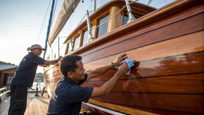 Worker sanding and finishing the varnished timber topsides of a wooden hull