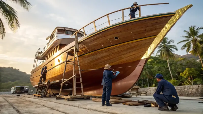 Wooden hull standing on timber props at an open beach yard under palms, workers alongside