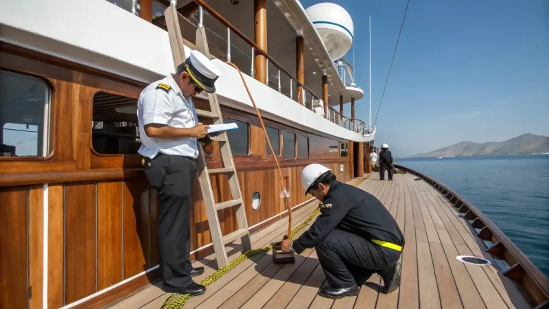 Inspector with a clipboard checking work on the deck of a wooden vessel alongside