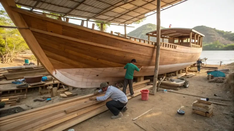 Bugis shipwright working along the planking of a bare wooden hull standing on the hard