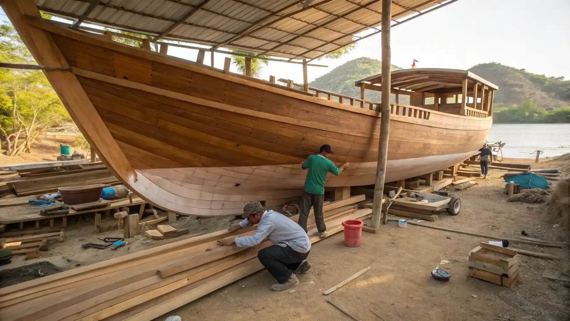 Bugis shipwright working along the planking of a bare wooden hull standing on the hard