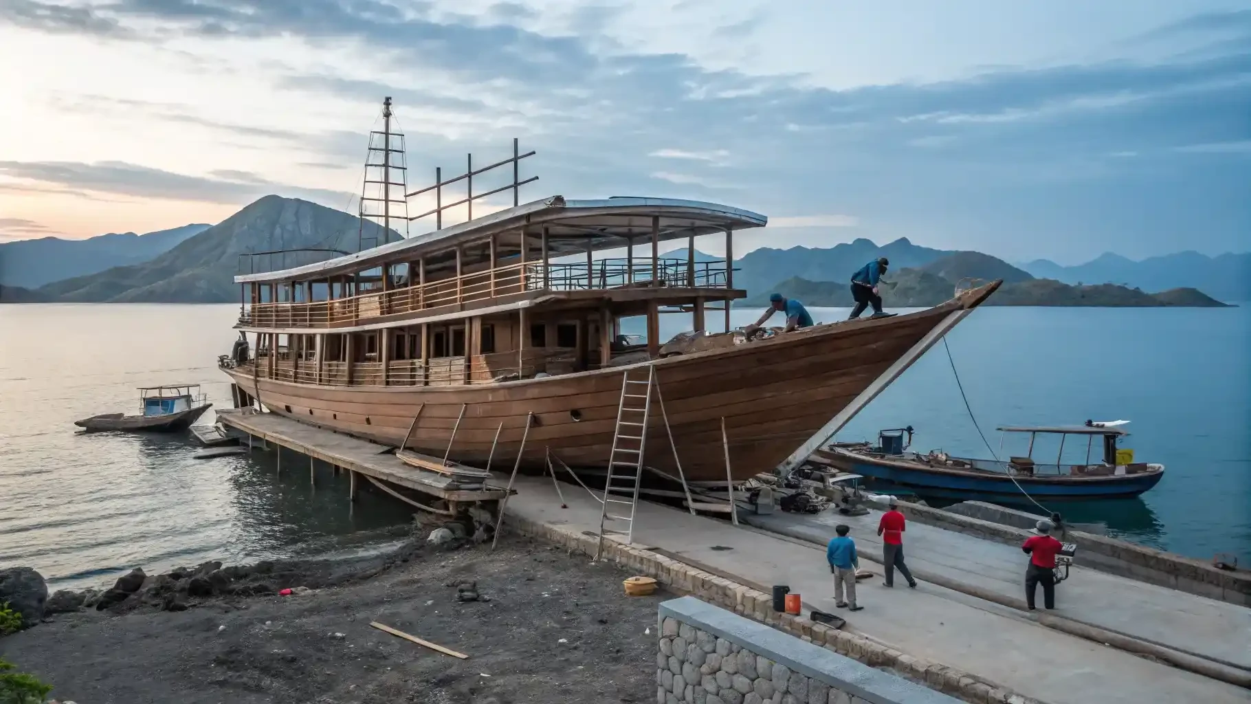 Wooden phinisi lying alongside a quay with crew working on deck and ashore