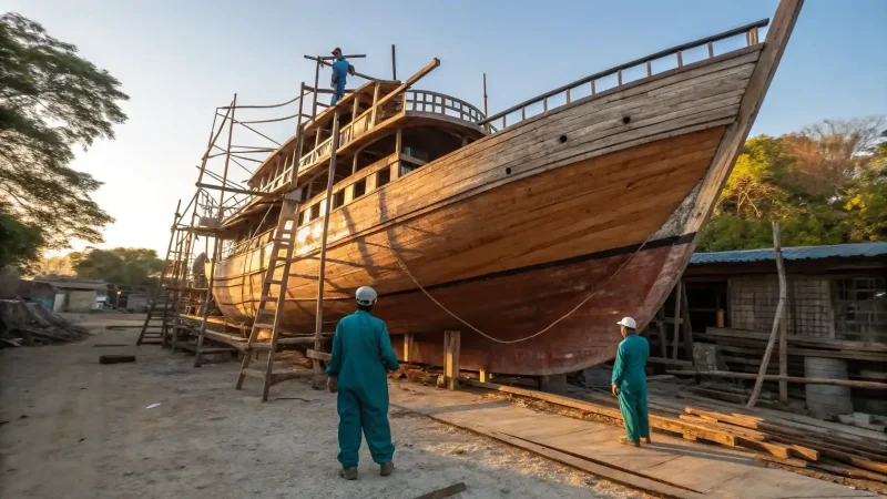 Large wooden phinisi hull enclosed in timber scaffolding part-way through the build