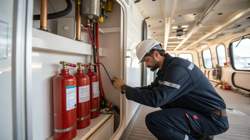 Technician checking fire extinguishers and safety equipment installed aboard a vessel