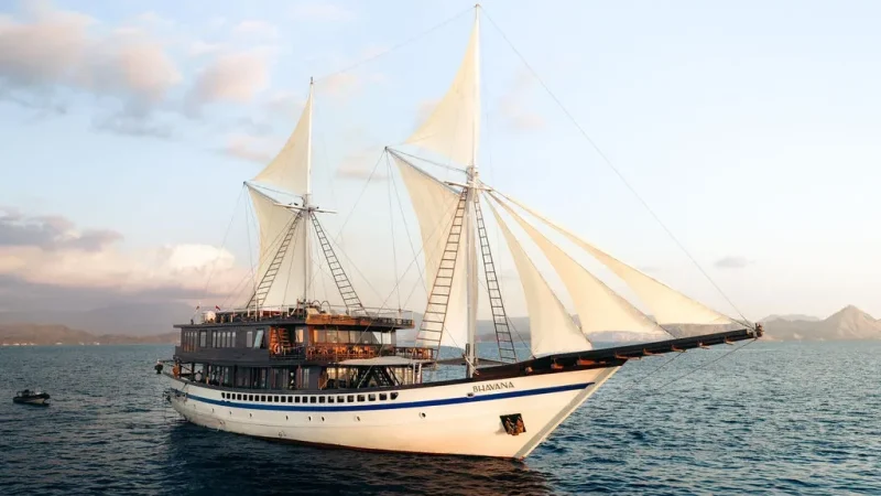 Two-masted wooden vessel under sail on calm water, the hull form a gulet shares with a phinisi