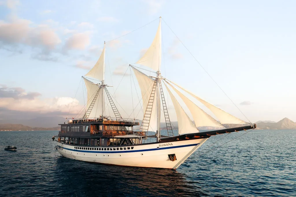 Two-masted wooden vessel under sail on calm water, the hull form a gulet shares with a phinisi