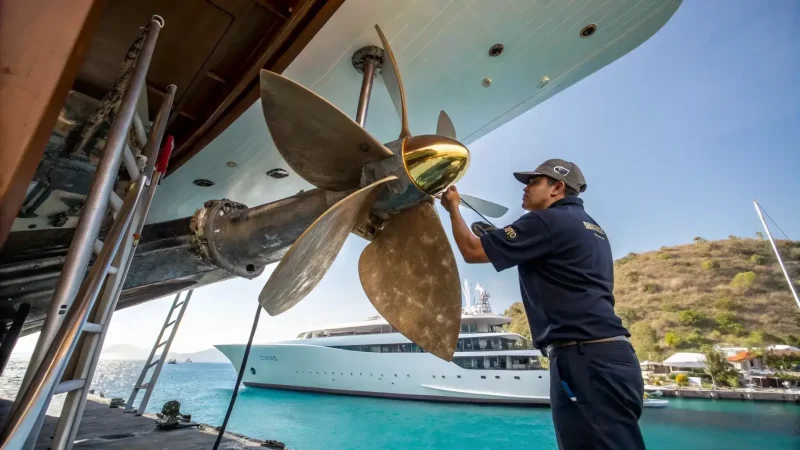 Worker servicing the propeller and underwater hull of a vessel lifted clear of the water