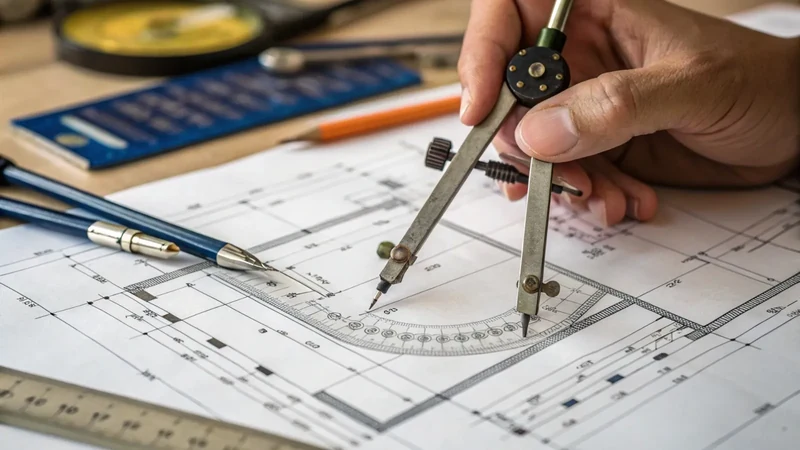 Pair of dividers stepping off measurements on a technical lines plan