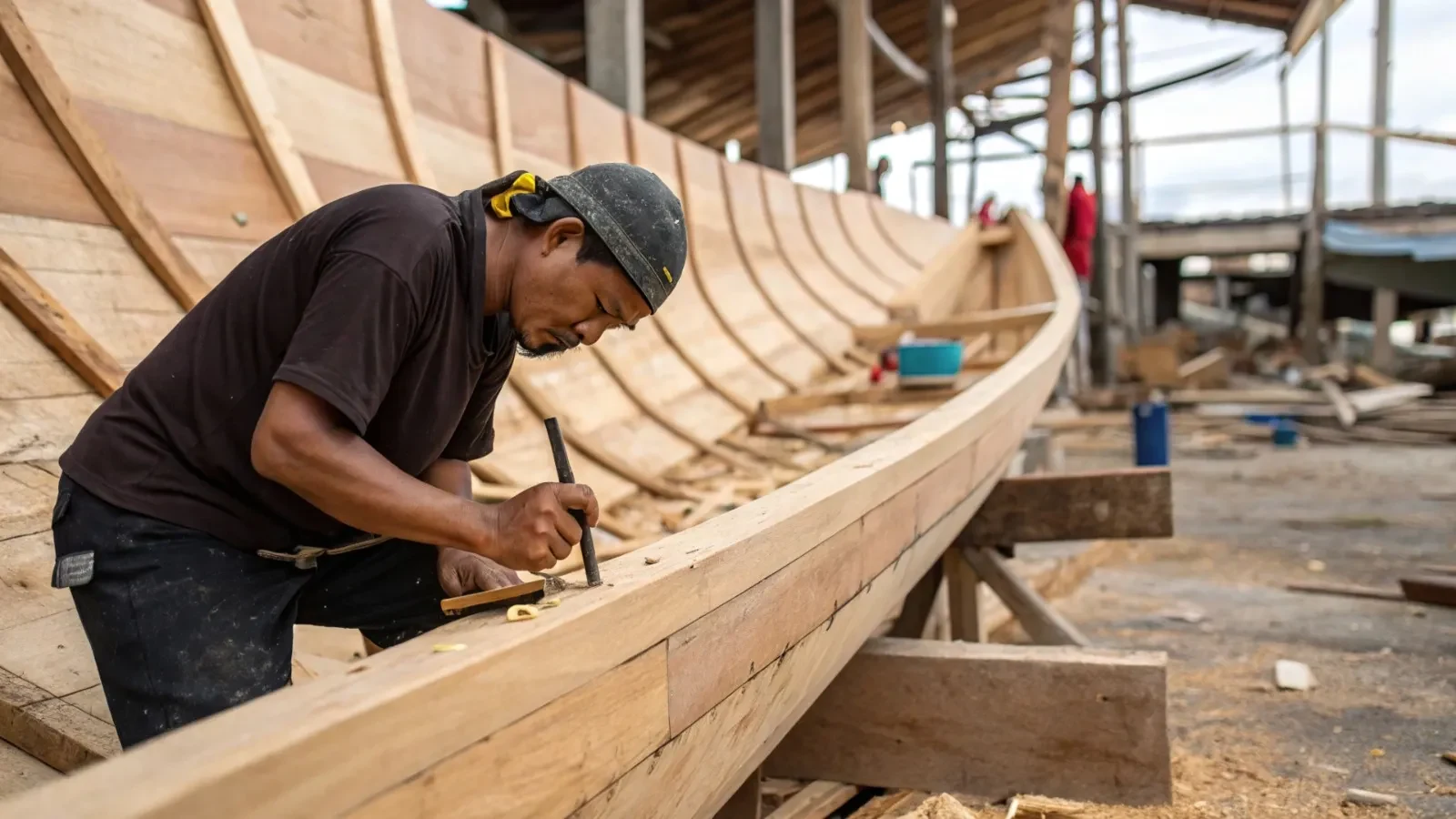 Shipwright driving fastenings along a plank line on the side of a wooden hull