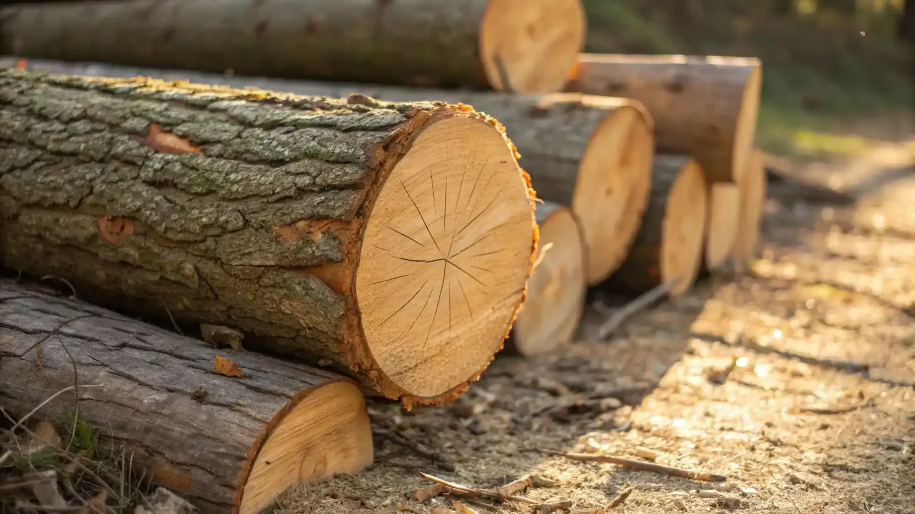 Sawn ends of tropical hardwood logs stacked at a yard before being cut into planking