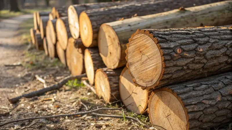Stack of freshly cut tropical hardwood logs waiting to be sawn into planks at a boatyard