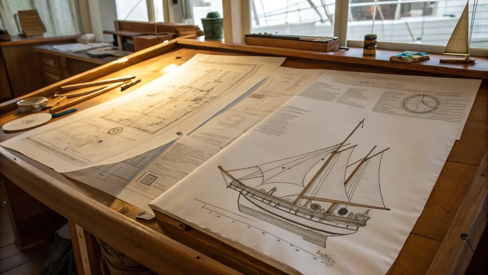 Hand-drawn hull lines and a half-model on a boat designer's drawing board