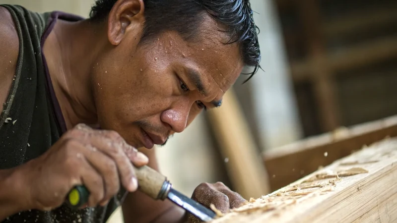 Bugis master shipwright working a timber edge with a hand chisel, wood shavings curling away