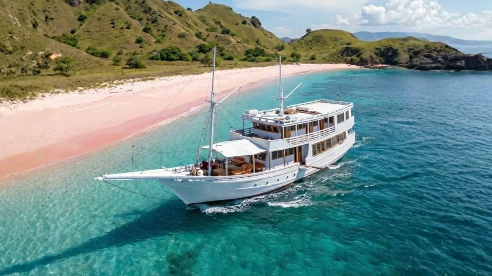 Wooden phinisi lying at anchor over shallow turquoise water beside a sandy shoreline