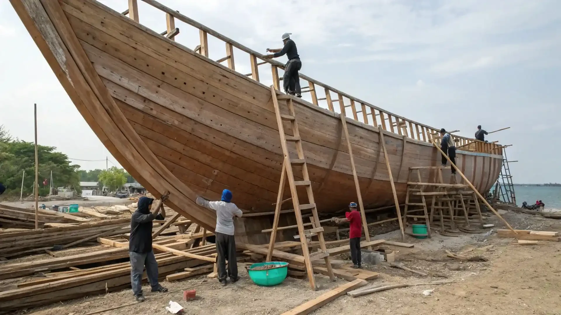 Wooden phinisi hull under construction on the open sand at Tana Beru, with shipwrights working from timber ladders along the hull