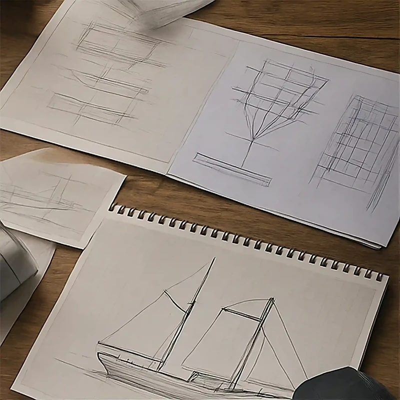 Sketchbook and loose sheets showing hand-drawn phinisi sail and hull line plans on a workbench