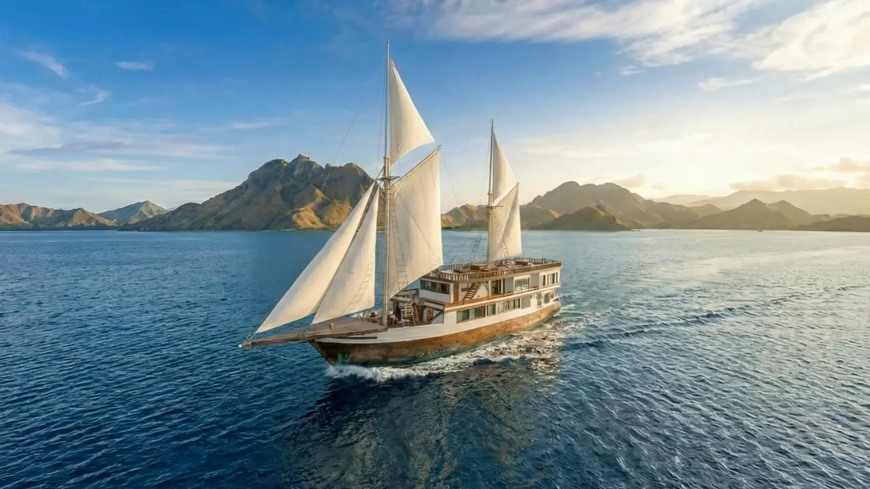 Wooden phinisi under sail passing the islands of the Komodo archipelago