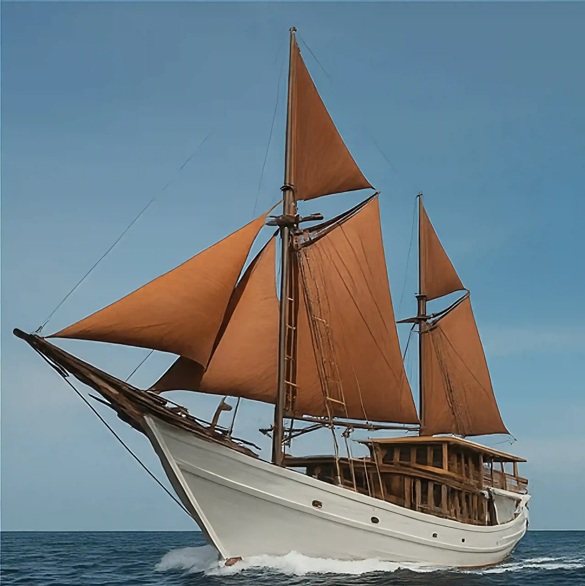 Two-masted wooden phinisi under tan sails making way on open water, the outcome of a Tana Beru commission