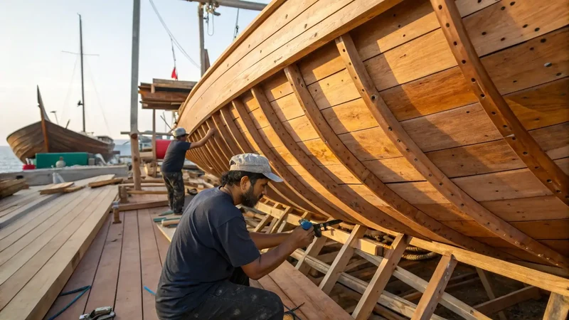 Shipwright working beside the sweeping curved stem of a wooden hull