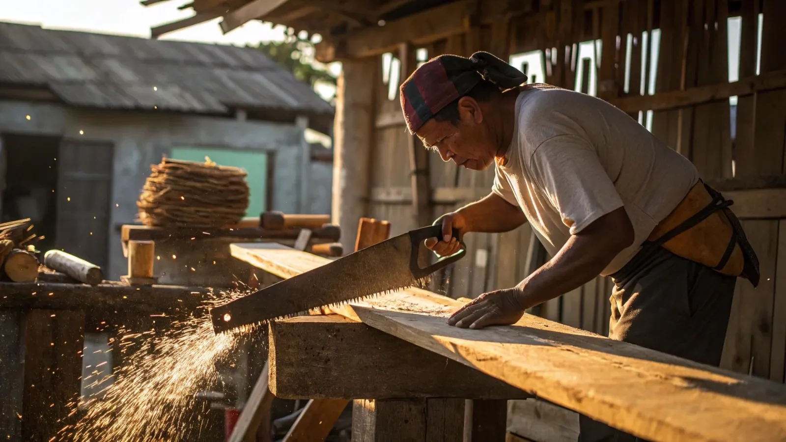Shipwright cutting a long timber plank by hand in a beach workshop, sawdust catching the light