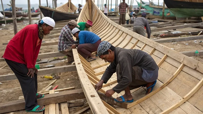 Three shipwrights kneeling inside a part-planked wooden hull, shaping and fitting ribs on the sand