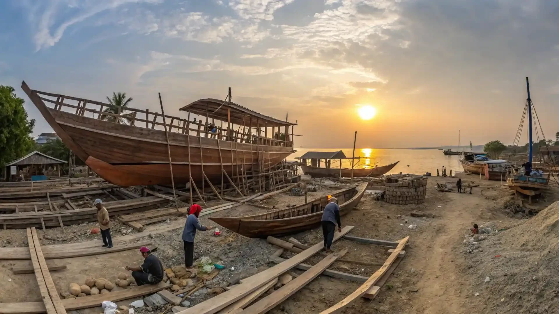 Wooden hulls standing on the sand at a Tana Beru beach boatyard as the sun sets behind the shoreline