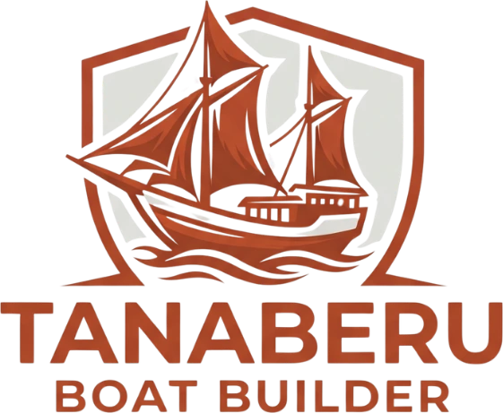 Tana Beru Boat Builder logo: a wooden phinisi inside a shield above the brand name