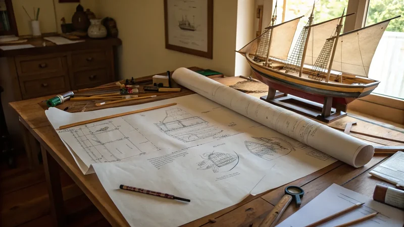 Drafting table carrying rolled hull drawings, drawing instruments and a wooden sailing boat model