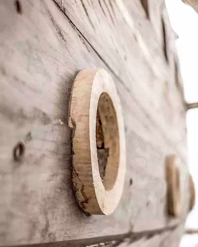 Close-up of a wooden dowel locking two hull planks together, the fastening driven before any steel bolt