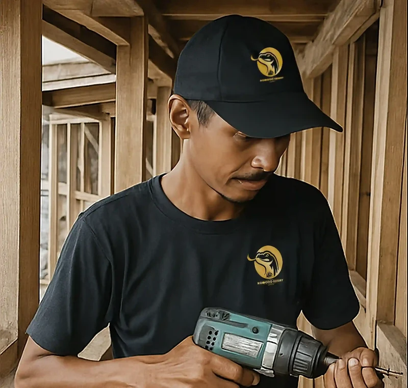 Younger shipwright drilling into timber framing inside a hull under construction